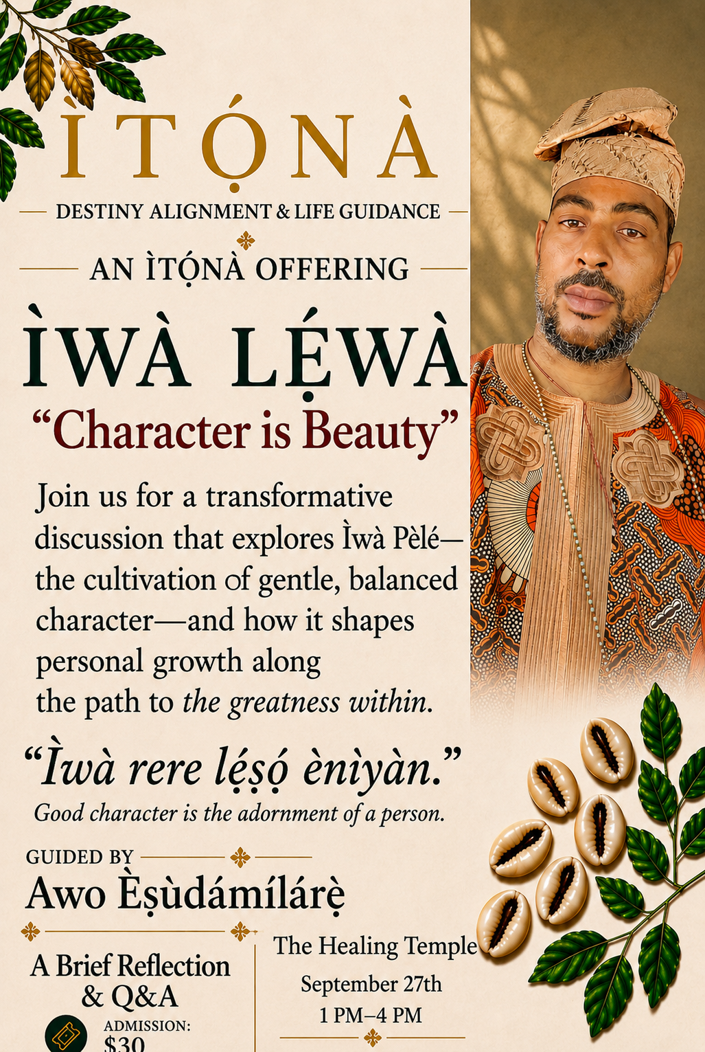 ÌWÀ LẸ́WÀ event flyer — Character Is Beauty, guided by Awo Èṣùdámílárẹ̀
